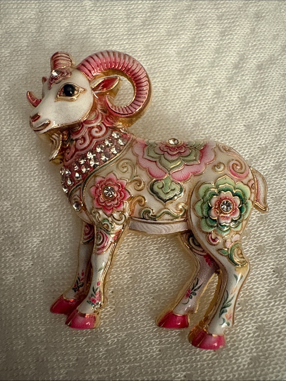 Enamel Floral Ram Brooch in Pink, Green & Gold
